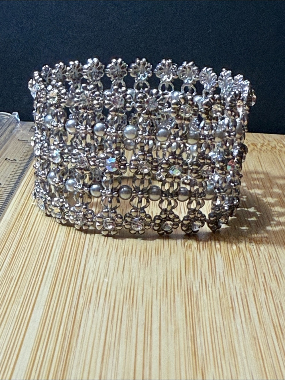 Silver Floral Crystal-Embellished Stretch Bracelet